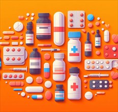 Lay flat knolling full of colourful capsules pills medicines antibiotics prescriptions and supplements for cadiopathy or diabetes