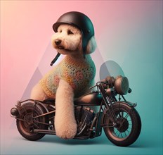 Portrait of funny bad labradoodlw dogs gang riding hot rod steampunk motorcycles wearing helmet and poncho over a solid backgrpound ai generated
