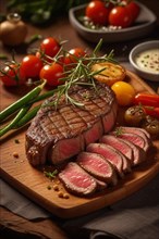 Delicious grilled perfectly cooked meat sliced steak on a wooden plate srrounded by veggies