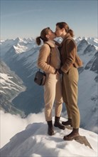 Elegant fashionista gay lesbian couple kiss on the top of the swiss alps