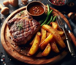 A grilled smoking bovine red meat sirloin steak in a wood dish