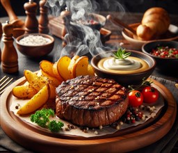A grilled smoking bovine red meat sirloin steak in a wood dish