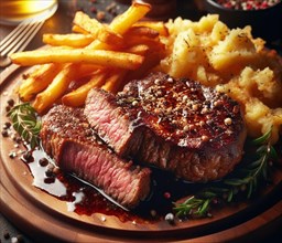 A grilled smoking bovine red meat sirloin steak perfectly coocked in a wood dish