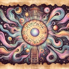 Full calendar zodiac astral ancient vintage antique card
