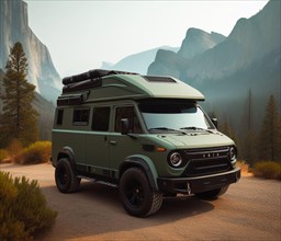 Green matte custom tuned powerful 4x4 lifted vintage custom camper conversion jeep overlanding in mountain roads