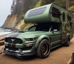 Green matte custom offroad 4x4 american muscle car lifted vintage custom camper conversion jeep overlanding in mountain roads