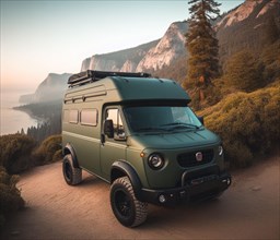 Green matte custom offroad 4x4 lifted vintage custom camper conversion jeep overlanding in mountain roads