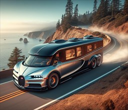 Funny design tuned custom french expensive gt supercar classic camper conversion overlanding in mountain roads