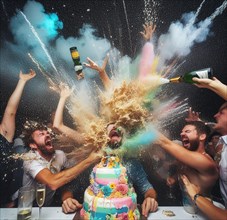 Group elegant people celebrate toxic gala birthday at club throw cake splash wine wild party dance shout laugh