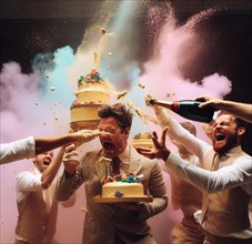 Group elegant people celebrate toxic gala birthday at club throw cake splash wine wild party dance shout laugh