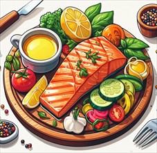 Grilled wild salmon with steamed vegetables lunch menu ketogenic healthy eating ai generated