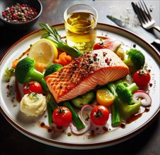 Grilled wild salmon with steamed vegetables lunch menu ketogenic healthy eating ai generated