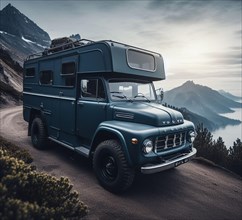 Rusty dirt offroad 4x4 swedish truck lifted vintage custom camper conversion jeep overlanding in mountain roads