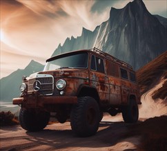 Rusty dirt offroad 4x4 lifted german vintage custom camper conversion jeep overlanding in mountain roads