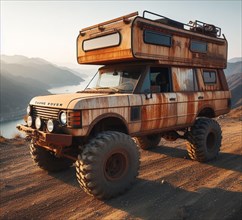 Rusty dirt offroad 4x4 lifted british luxury vintage custom camper conversion jeep overlanding in mountain roads