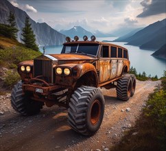 Rusty dirt offroad 4x4 lifted british luxury rolls sedan vintage custom camper conversion jeep overlanding in mountain roads