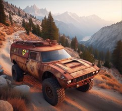 Rusty dirt offroad 4x4 italian lifted supercar vintage custom camper conversion jeep overlanding in mountain roads