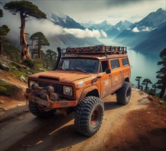 Rusty dirt offroad 4x4 lifted vintage custom camper conversion jeep overlanding in mountain roads