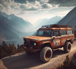 Rusty dirt offroad 4x4 lifted german design vintage custom camper conversion jeep overlanding in mountain roads