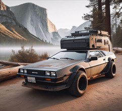 Rusty dirt offroad 4x4 time travel de lorean lifted vintage custom camper conversion jeep overlanding in mountain roads