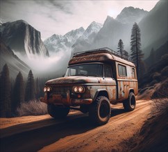 Rusty dirt offroad 4x4 lifted american vintage custom camper conversion jeep overlanding in mountain roads
