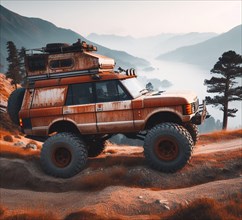 Rusty dirt offroad 4x4 lifted british luxury suvintage custom camper conversion jeep overlanding in mountain roads