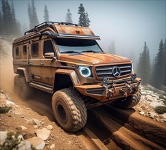 Rusty dirt offroad 4x4 g class lifted vintage custom camper conversion jeep overlanding in mountain roads
