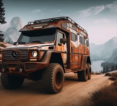 Rusty dirt offroad 4x4 g class german desgined lifted vintage custom camper conversion jeep overlanding in mountain roads