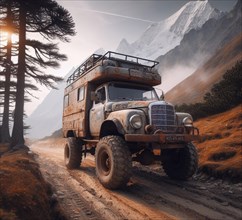 Rusty dirt offroad 4x4 german design 60s truck lifted vintage custom camper conversion jeep overlanding in mountain roads