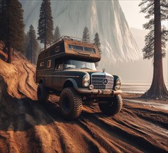 Rusty dirt offroad 4x4 classic german 60s mercedes lifted vintage custom camper conversion jeep overlanding in mountain roads
