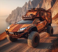 Rusty dirt offroad 4x4 italian aventador lifted vintage custom camper conversion jeep overlanding in mountain roads