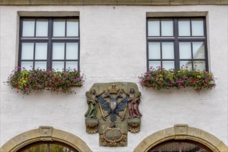 Detail of a building with two windows and coat of arms in the centre