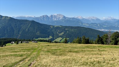 View over the Spielbergalm to the Berchtesgaden Alps with from left Hochkoenig
