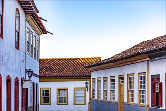 Facade of completely preserved colonial-style houses in the historic city of Diamantina in Minas Gerais