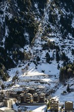 Aerial view of the town of Canillo in winter in Andorra