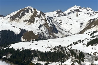 Snow-covered mountain slopes with avalanches in spring