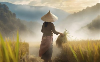 Asian woman harvesting rice in a rice plantation in the mountains