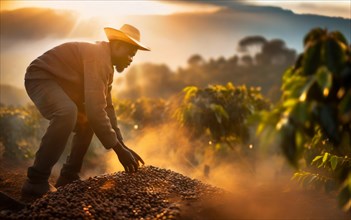 African man harvesting coffee on a coffee plantation