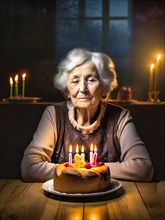 A sad and depressed grandma sits lonely at the table with her birthday cake