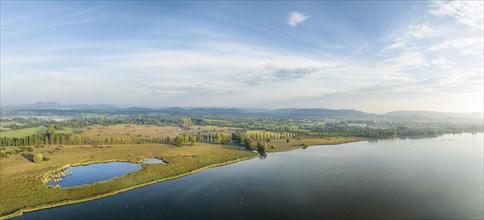 Aerial panorama of the western part of Lake Constance with the Radolfzeller Aachried and the reed belt with the Aach estuary