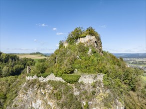 Aerial view of the Hegau volcano and Hohenkraehen castle ruins