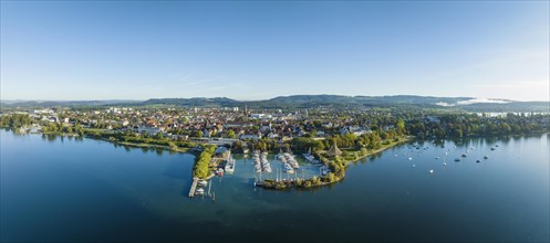 Aerial panorama of the town of Radolfzell on Lake Constance with the Waeschbruckhafen
