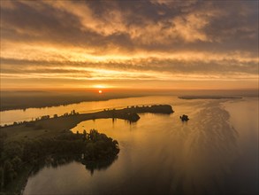 Aerial view of western Lake Constance at sunrise with the Mettnau peninsula