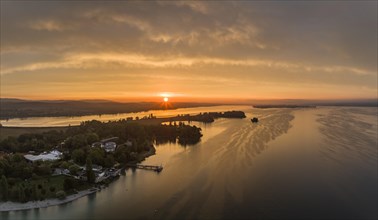 Aerial panorama of western Lake Constance at sunrise with the Mettnau peninsula