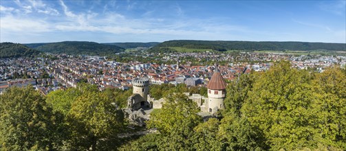 Aerial panorama of the Honburg castle ruins on the Honberg with the town of Tuttlingen