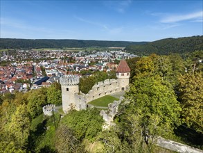 Aerial view of the Honburg castle ruins on the Honberg with the town of Tuttlingen
