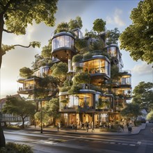 Modern apartments in a city with vegetation on the balconies