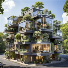 Modern apartments in a city with vegetation on the balconies