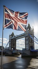 Flag of England in front of Tower Bridge in London