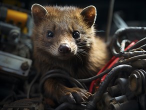 A marten gnaws on a cable in the engine compartment of a car